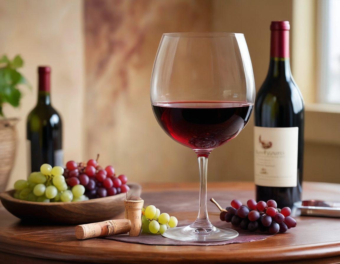 A beautifully arranged wine tasting setting featuring an elegant wine glass filled with red wine, complemented by exquisite nail art designs on manicured hands reaching for the glass. Surround the scene with lush grapes, stylish corks, and vibrant nail polish bottles to create a luxurious ambiance. Utilize warm, inviting colors and soft lighting to enhance the overall sophistication of the experience. watercolors. vibrant colors. elegant design.