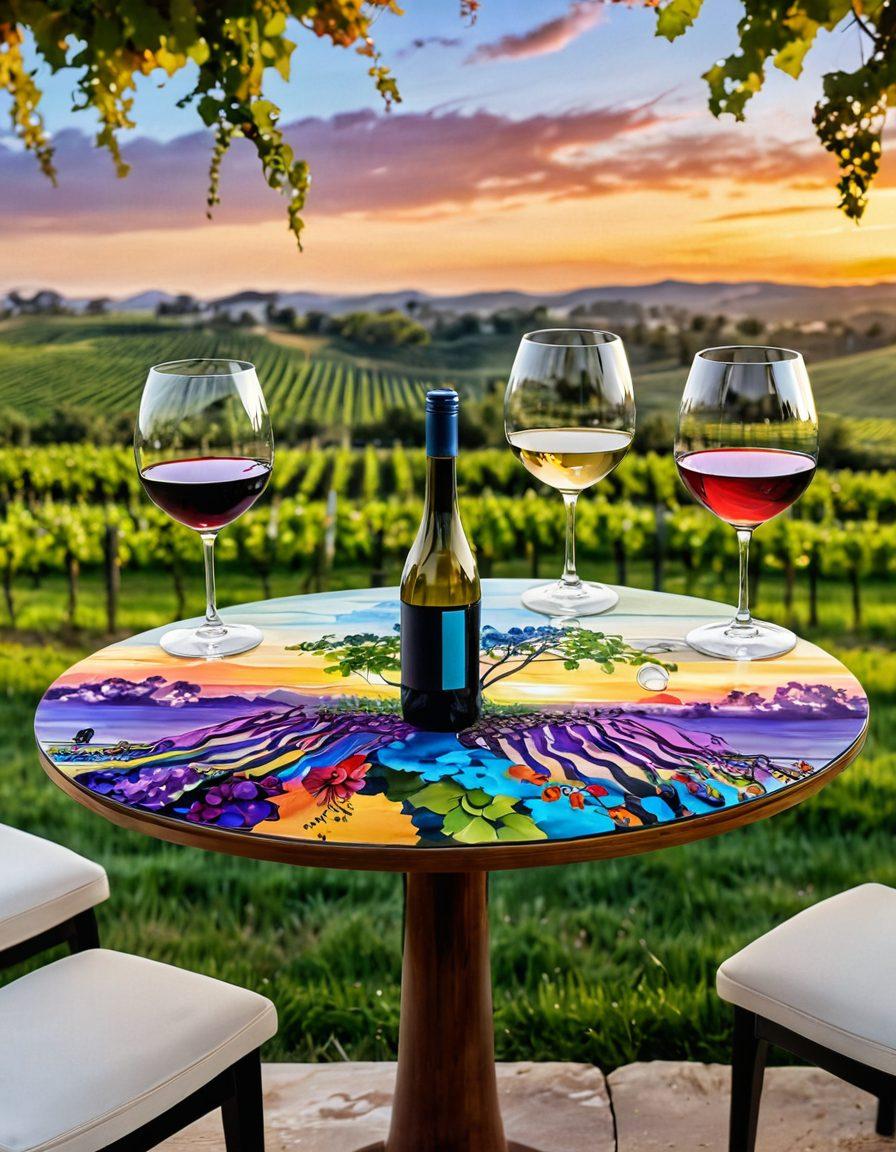 A beautifully set wine tasting table featuring an array of colorful wines and elegant wine glasses, surrounded by hands adorned with stunning, artistic nail art reflecting the colors of the wines. The background showcases a soft, blurred vineyard landscape during sunset, creating a warm and inviting atmosphere. The nails should have intricate designs including grapevines and floral patterns. vibrant colors. super-realistic.