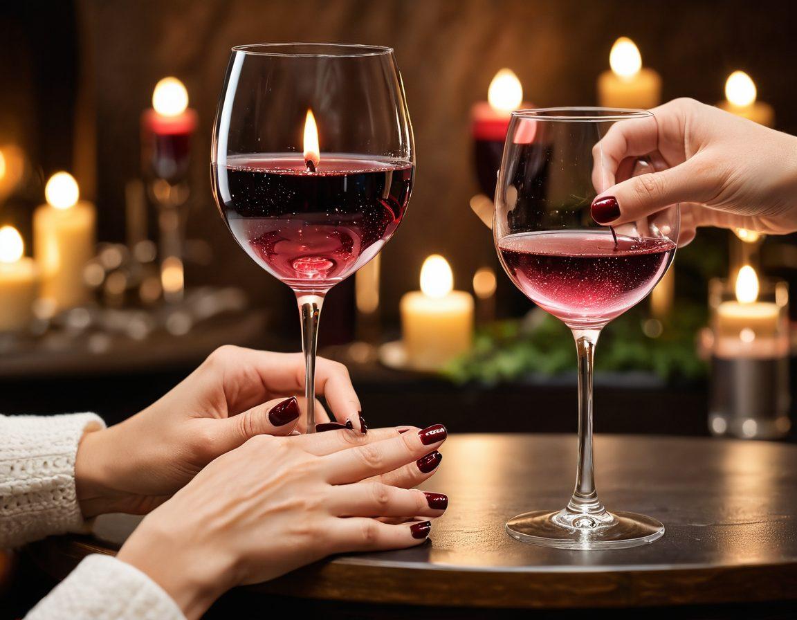 A beautifully manicured hand holding a wine glass, with sparkling red wine reflecting soft candlelight. The background features an elegant table setting with plush textures, aromatic candles, and a touch of vineyard scenery softly blurred to enhance the luxurious experience. Delicate nail art designs inspired by wine culture are intricately detailed on the nails. super-realistic. vibrant colors. elegant ambiance.